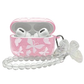 Srddty Compatible with AirPods Pro 2 Case Cute Clear Glitter, Shockproof Soft TPU Protective Case Cover for Girls Women with Keychain for AirPod Pro 2nd Generation 2022, Pink Butterfly