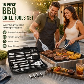 15pcs Stainless Steel BBQ Grill Tool Set for Outdoor Cooking – Long-Handle Barbecue Accessories Gift Set