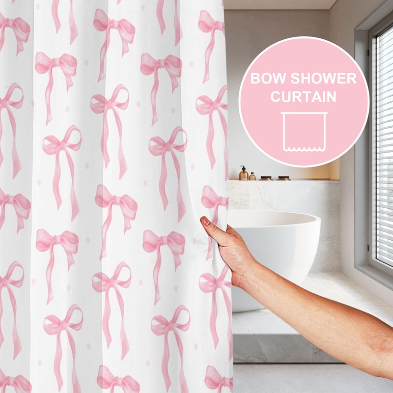 FloralGrace Cute Shower Curtain Pink Bow Fabric Shower Curtains for
