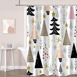 GKLEASG Merry Christmas Shower Curtain, Winter Xmas Tree Snowflake Star Holiday Black Waterproof Fabric Machine Washable for Bathroom Bathtub Decor with Hooks 72"x72"