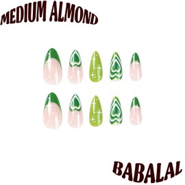 BABALAL Press on Nails Medium Fake Nails Almond Glue on Nails Acrylic Nails Green Swirl Stick on Nails 24Pcs Stiletto Nails for Women and Girls