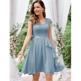 Wedtrend Women's Bridesmaid Dresses, Halter Sleeveless Cocktail Dress Ruffle Floral Lace Chiffon Short Prom Dress WT0212Hazeblue2XL