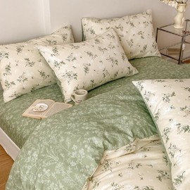 Lanqinglv Bed Linen 155 x 220 cm Cotton Floral Pattern, Beige Green Plants Reversible Bed Linen Renforce Oeko-Tex Bed Linen Set Vintage Duvet Cover with Zip and 1 Pillowcase 80 x 80 cm