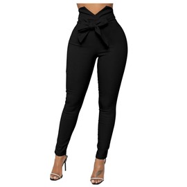 XXTAXN Women's Casual High Waist Stretch Trousers Solid Pencil Pants with Tie Black