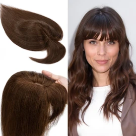 SEGO 100% Real Human Hair Toppers, with Air Bangs, Silk Base 150% Density, Clip in Topper, 2.7”x5.1”, HairPieces for Women, with Thinning/Hair Loss Cover Gray