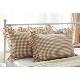 Buff White Gingham Pillow Shams with Ruffles Checkered Pillowcases Queen Size Plaid Pillow Cases Washed Cotton Farmhouse Cottage Pillow Covers for Bed/Sofa,20X30inches,2 Pcs