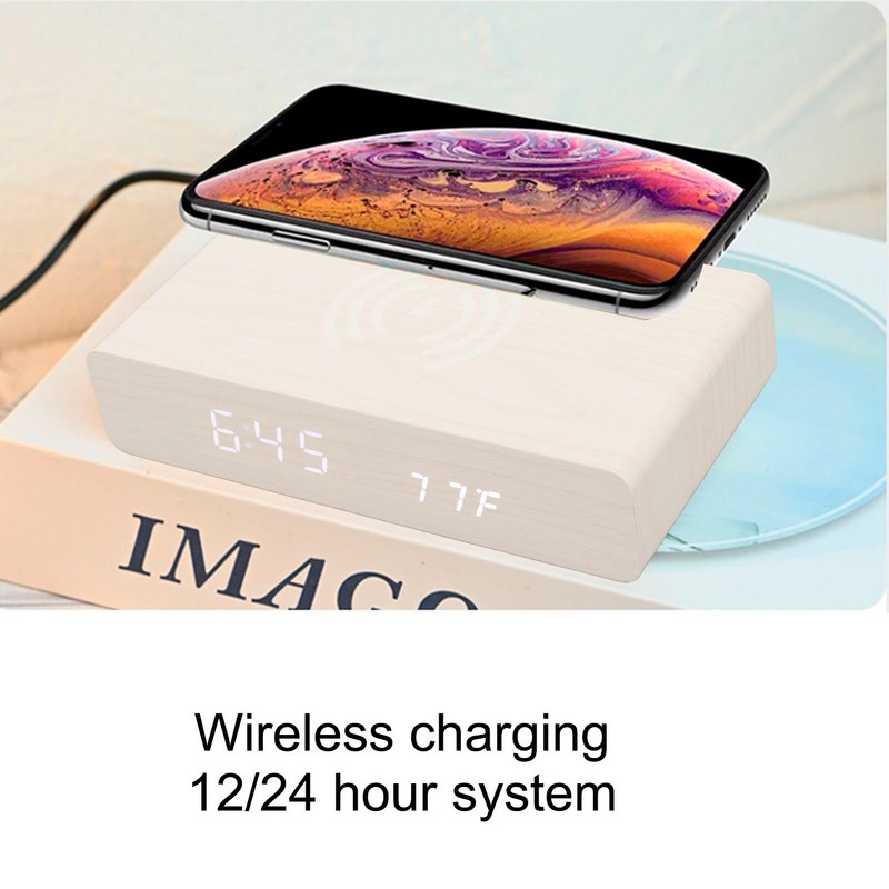 Wooden Digital Clock Wireless Charging Function 3 Brightness Electric Alarm