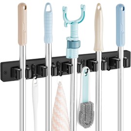 OUTNILI Mop and Broom Holder Wall Mount - Black Broom Mop Hanger - Wall Mounted Garden Tool Rack Organizer for Closet Garage Laundry Room Kitchen Decor With 5 Slots & 4 Hooks