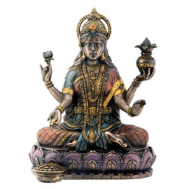 Bronze Hindu Goddess Lakshmi On Lotus Hinduism Display Statue
