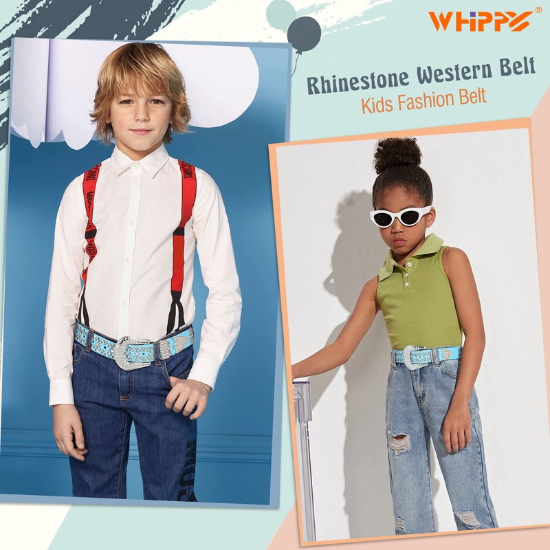 WHIPPY Kids Rhinestone Western Belt, Cowboy Cowgirl Diamond Studded Bling