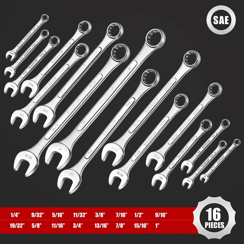 ROCHOOF Combination Wrench Set,16-Piece SAE Wrench Set 12-Point Chrome Vanadium