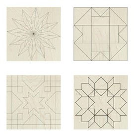 Set of 4 Barn Quilt Kit DIY Pattern Unfinished Wood Quilting Block Sign Paintable Art for Adults and Kids (6 Inches Square) (Starburst, Aesthetic Triangles, Cottage Chic Star, Swoon)