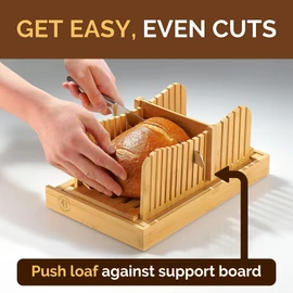 BAMBUSI Bread Slicer for Homemade Bread - Bamboo Bread Cutter with Knife, Foldable Slicing Guide, Crumb Tray - Compact Bread Loaf Slicer for Cakes, Bagels, Loaves - Kitchen Gadget, Baking Tool & Gift
