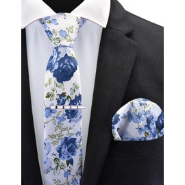 GUSLESON Fashion - Juego de corbata de algodón con estampado floral de 2.4 pulgadas (6 cm) + caja de regalo, Azul/Blanco/Oliva, general
