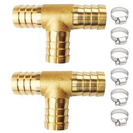 JENSWILL 2PCs 3/4" Brass Hose Barb Fitting Tee 3 way Barbed Splicer Mender Union Fitting with 6PCs Hose Clamp for Oil Water Air