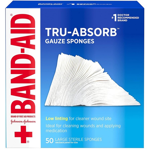 Band Aid Brand First Aid Products Tru-Absorb Sterile Gauze Sponges for Cleaning and Cushioning Wounds, Low-Lint Design, 4 inches by 4 inches, 50 Count