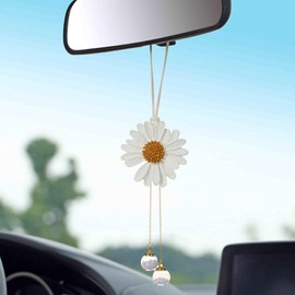 Daisy Car Hanging Ornaments for Women Girls Cute Sunflower Car Rear View Mirror Hanging Charms Automotive Interior Aesthetic Decoration Accessories Gift (White)