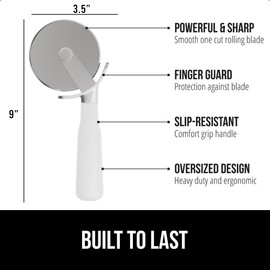 GORILLA GRIP Large Pizza Cutter Wheel, 9 Inch, Rust Resistant Sharp Stainless Steel Blade, Slip Resistant Handle, Thumb Guard Protection, Slice Thick or Thin Pizzas, Pie, Pastries in Seconds, White