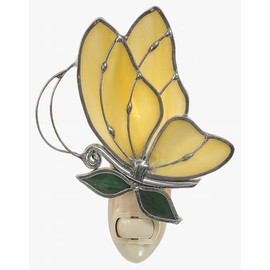 Yellow Butterfly Stained Glass Night Light – Silver Plated, from Juhlin Glass Studio – 5W Bulb Included – Standard Night Light Base