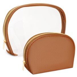 LUCKIPLUS Cosmetic Bag for Women, Travel Makeup Bags 2 Pack, Waterproof Protable Toiletry Pouch Purse with Zipper, Clear Make up Organizer Case for Skincare Toiletries Accessories(Brown)