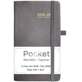 2026-2028 Pocket Monthly Planner, 3 Year Calendar 2026-2028, 6.2’’ x 3.6’’, Small Calendar 2026, 36 Months from Jan 2026 - Dec 2028, Hardcover, Back Pocket, Thick Paper, Lightweight to carry, Grey