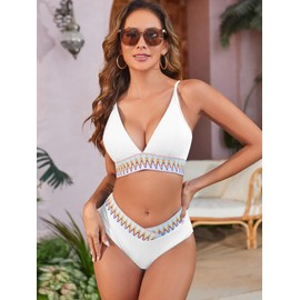 ZAFUL Women High Waisted Bikini Sets Tummy Control High Cut Bathing Suit Colorblock Trim 2 Piece Swimsuits