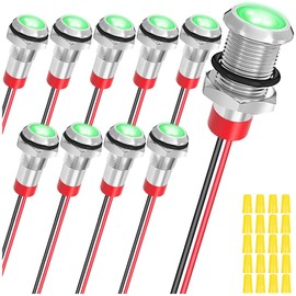 MKBKLLJY 10Pcs 8mm DC12-24V Green LED Metal Indicator Light Waterproof Signal Lamp with 150mm Cable Length Metal LED Indicator Light and Wiring Cap for Car Interior Trucks Boats Engine taillight