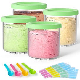4 Pack Creami Pint Containers and Lids for Ninja with 4 spoons and writable labels, Compatible with Ninja NC299 NC300 NC301 Series Creami Maker Machine Accessories, BPA Free & Dishwasher Safe, Green