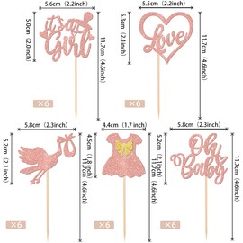 30 piezas de decoración para cupcakes de baby shower, diseño de corazón con purpurina, decoración para decoración de género, baby shower, niñas, suministros de fiesta de cumpleaños, oro rosa