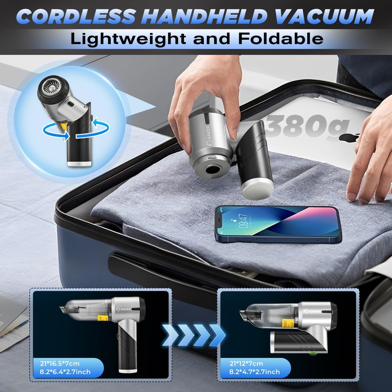 Saker Handheld Car Vacuum Portable Cordless17000PA Mini Vacuums Rechargeable Foldable