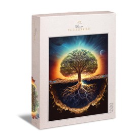 Ulmer Puzzleschmiede - 1000 Piece Puzzle "Yggdrasil" - Wonderfully Staged, Sophisticated Puzzle Motif - The World Tree Between Upper World, Earth and Underworld - Puzzle Quality Made in Germany