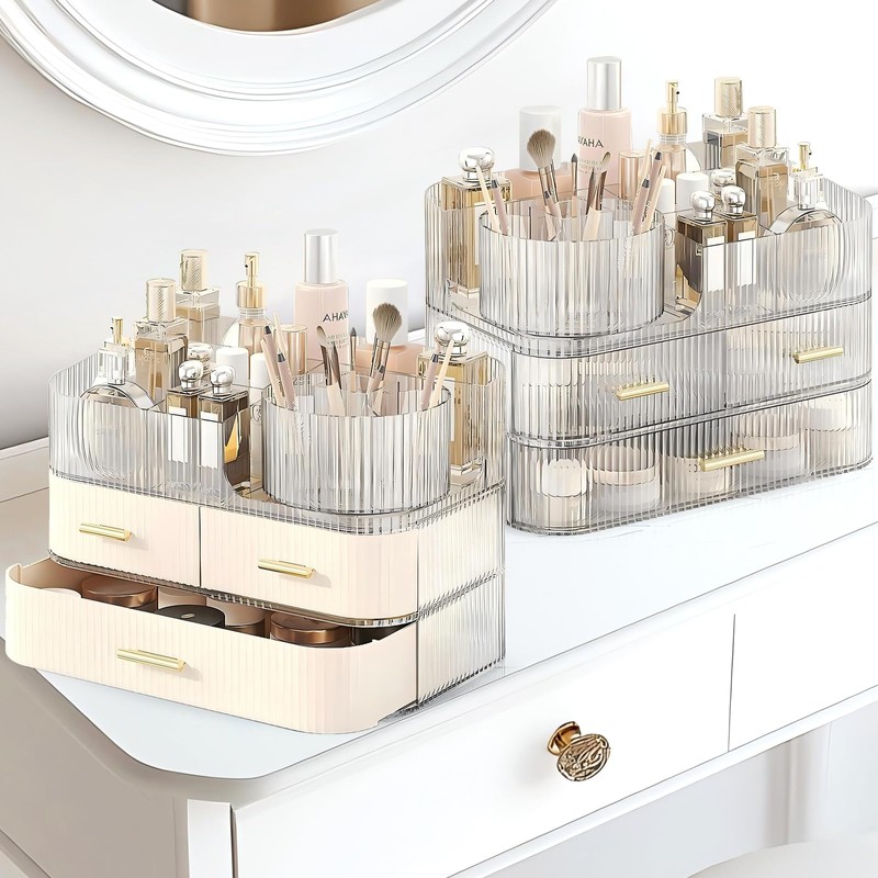 DASITON Makeup Organizer with Drawers and Rotating Makeup Brush Holder,Large