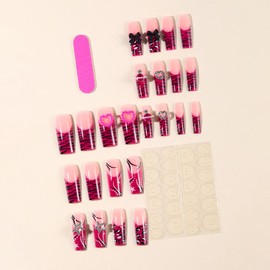 24Pcs Long Press on Nails Sweet Cool Fake Nails with Leopard Pearl Star Heart Planet Bow Charms Acrylic Nails Press ons Cute Design False Nail Art Full Cover Long Coffin Nail Tips Manicure for Women