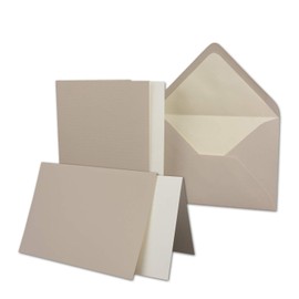 10 x Card Set DIN B6-12 x 17 cm - 120 x 170 mm - Folding Cards with Letter Envelopes and Insert Sheets - Ribbed Structure Surface - Taupe - Vintage Invitation Cards