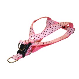 Small Pink/Brown Polka Dot Dog Harness: 5/8" Wide, Adjusts 15-21" - Made in USA.