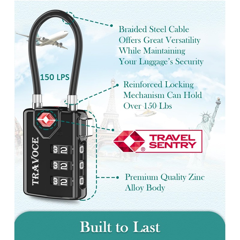 Search Alert TSA Approved Travel Combination Luggage Cable Locks for