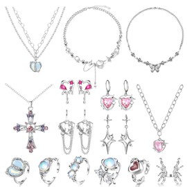 Subiceto 15Pcs Y2k Star Moonstone Necklace Earrings and Rings for Women Butterfly Heart Jewelry Set, Stainless Steel, Moonstone