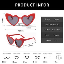 JFAN Party Glasses Heart Sunglasses Retro Sunglasses Heart Shape for Women Party Sunglasses Vintage Fashion Oversized Classic Glasses, Red + White