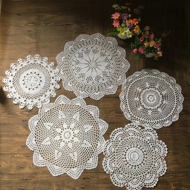 MINDPLUS Set of 5 Hand Crochet Doilies Cotton Crocheted Lace Doilies Table Placemat 12-16 Inches Round White Vintage Wedding Tea Party (White)