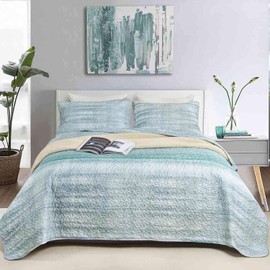 Nanko Quilt Set Queen Full Size 3pcs, Grey and Teal Green Striped Abstract Pattern Bedspreads, Soft Lightweight Coverlet Bed Spreads, Modern Thin Quilted Comforter Bedding Set for Women Men Gray 90x90