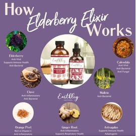 Earthley Wellness Elderberry Elixir, Powerful Immune & Respiratory Support, Herbal Elderberry Syrup Alternative, Organic, Supporting Herbs, Gluten-Free, No Added Sugars or Colors (4oz, Regular)