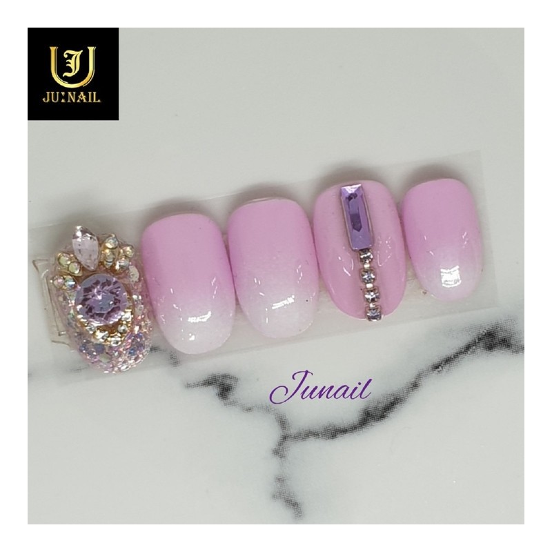 Pink White Gra Handmade Nail Tips - Short Almond /
