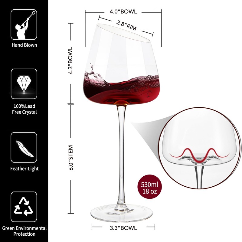 Slanted Red Wine Glasses, Set of 2, Modern, Crystal, Hand