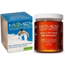 MOOM for Men Organic Hair Removal Kit, 12 oz Sugar Wax with 48 Reusable Fabric Strips, Natural Ingredients