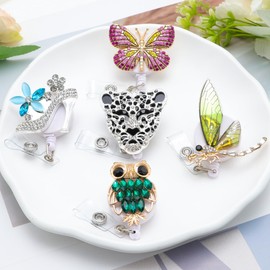 Cute Rhinestone Retractable Badge Reel Bulk 5 Pcs Glitter Nurse Nursing Student Crystal Badge Holder Pack Funny Acrylic Leopard Owl Butterfly Badge Clip Accessories RN CNA Medical Teachers ID Card