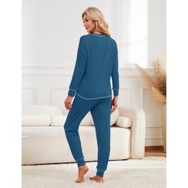 Becotal Soft Cotton Pajamas for Women Set 2 Piece Lounge Set Crewneck Long Sleeve Top and Jogger Pants Loungewear with Pocket Holiday Pjs Peacock Blue M