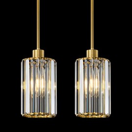 HONIEGG 5.1" Mini Modern Gold Crystal Kitchen Island Pendant Lights 2 Pack