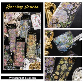 Vintage Flowers Stickers Set for Journaling - Maxleaf 12Sheets Clear Waterproof 3D Flowers Scrapbook Supplies Gold Foil Stickers Pack for Art Bullet Junk Journal Planners DIY Craft Kits