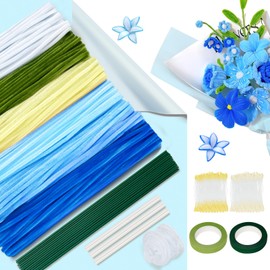 Miuhoemy 600 Pcs Pipe Cleaners Craft, Chenille Stems with Floral Wires, Gardening Tape,Stamen,Ribbon,Bouquet Wrapping Papers for DIY Art and Craft Projects Decorations (Blue)