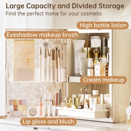 HAIXIN Makeup Organizer Skincare Organizers Vanity Organizer Countertop with Drawer and Makeup Brush Holder, Cosmetic Display Cases with Ripple Door Waterproof for Vanity and Bathroom (White & Amber)